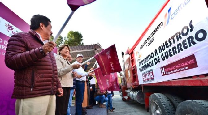 Delfina Gómez Álvarez da banderazo de salida a 60 camiones para labores de limpieza en Acapulco, Guerrero